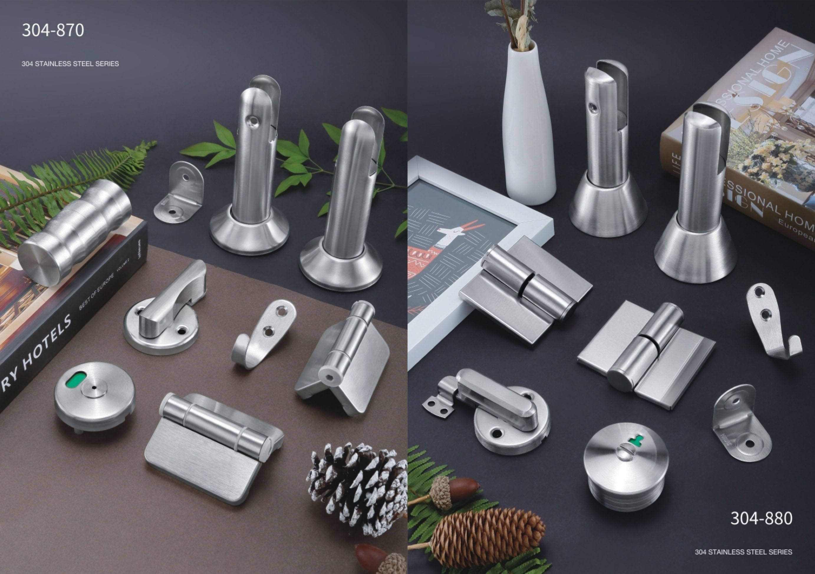 Stainless steel toilet partition hardware system including hinges, locks, support legs and connectors for commercial restroom cubicles